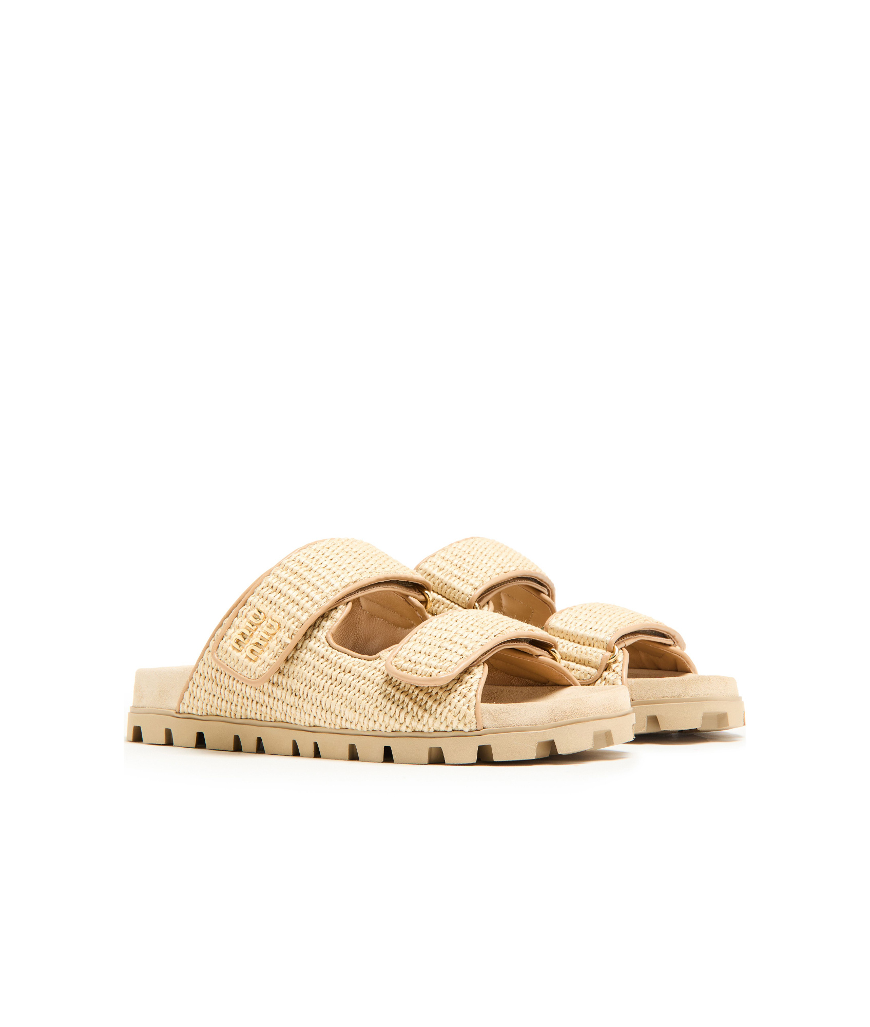Miu Miu Miumiu Gold Logo Raffia Sandals In Nude