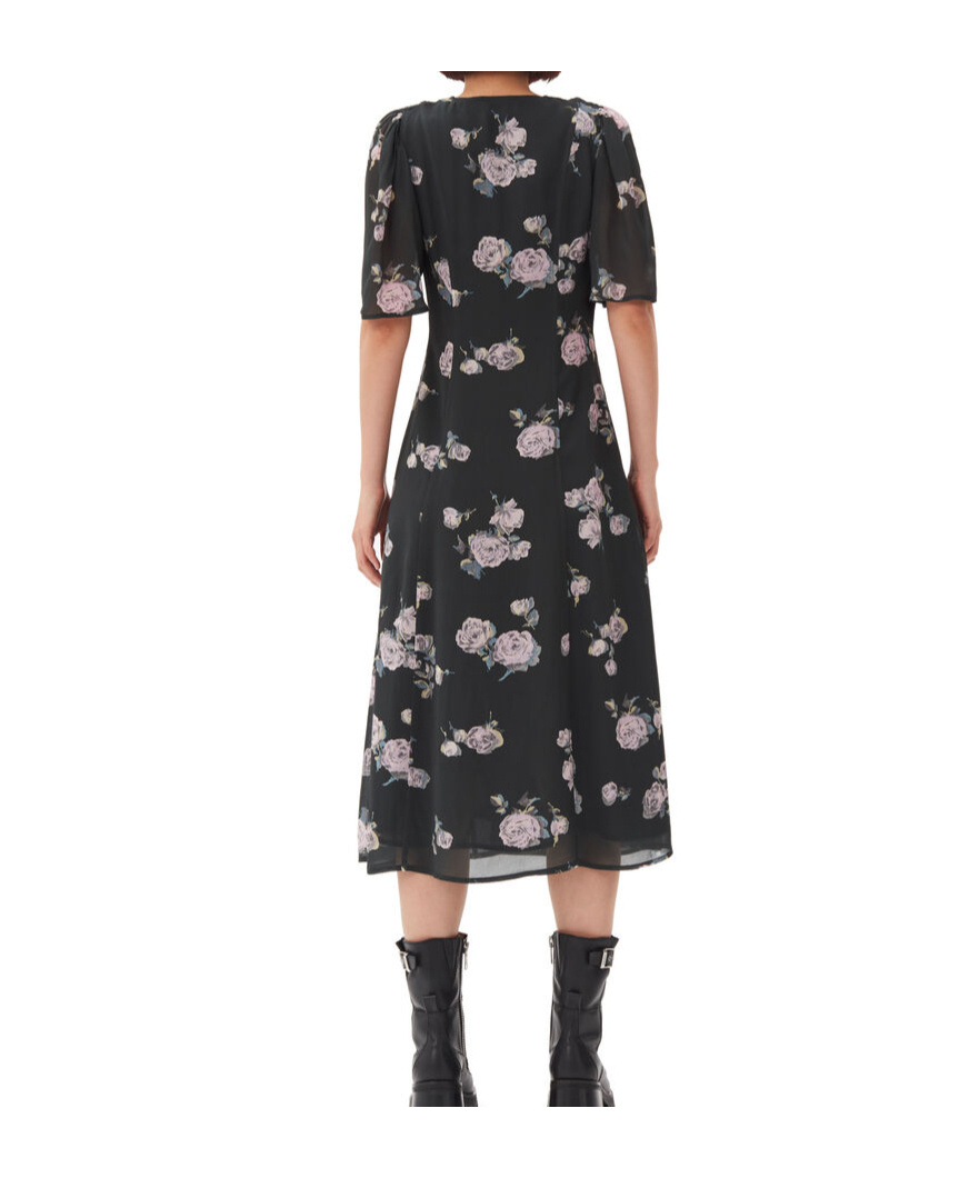 Ganni Floral-print Crepe Wrap Midi Dress In Black