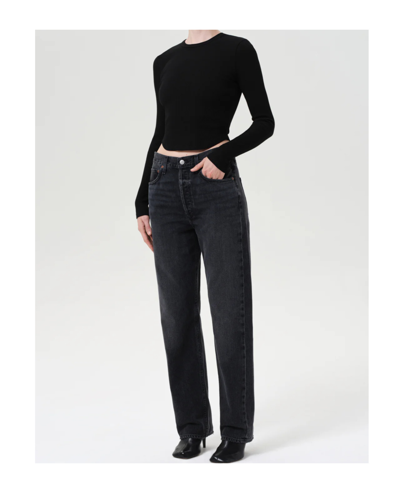 Agolde Dion Long Sleeve Crop T-shirt In Black