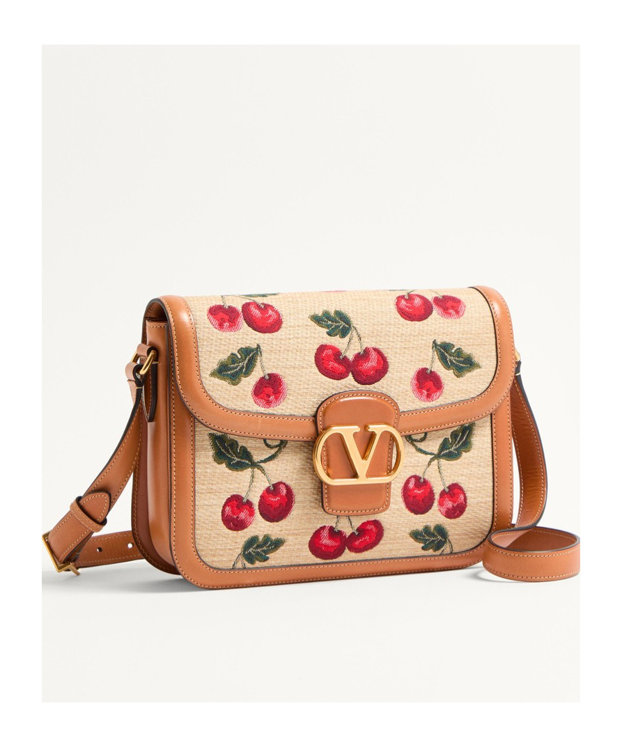 Valentino 9t05 Cherry-jacquard Raffia And Leather Cross-body Bag In Nude