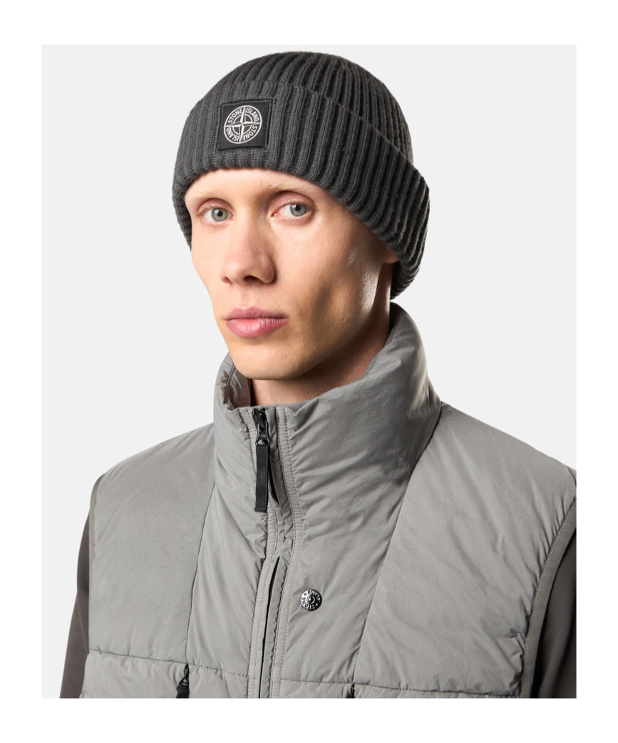 Stone Island Beanie With Compass Logo Patch In Gray