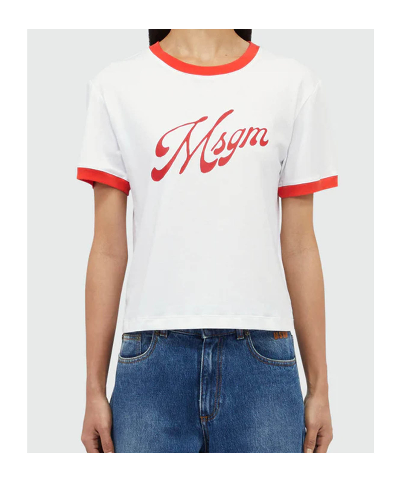Msgm Logo Crew Neck T-shirt With Contrast Trim In White