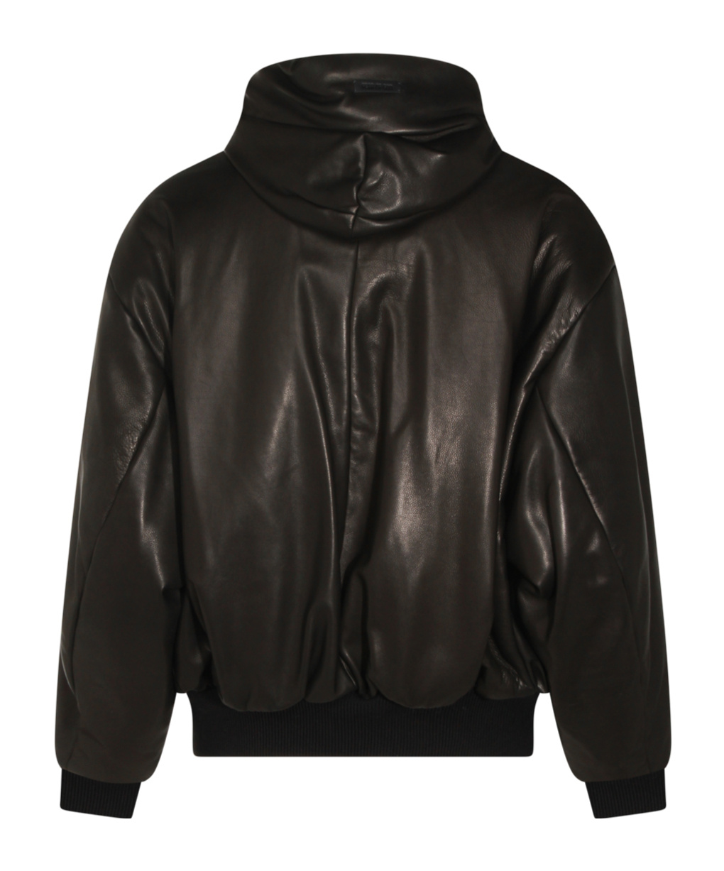 Fear Of God Hooded Leather Jacket With Ribbed Cuffs And Hem In Brown