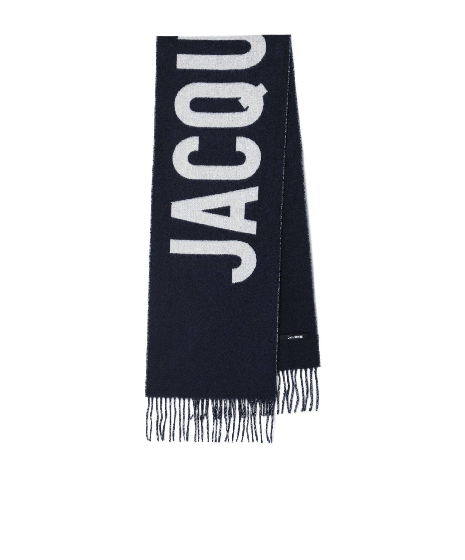 Jacquemus Navy Blue Wool Scarf With Logo In Black
