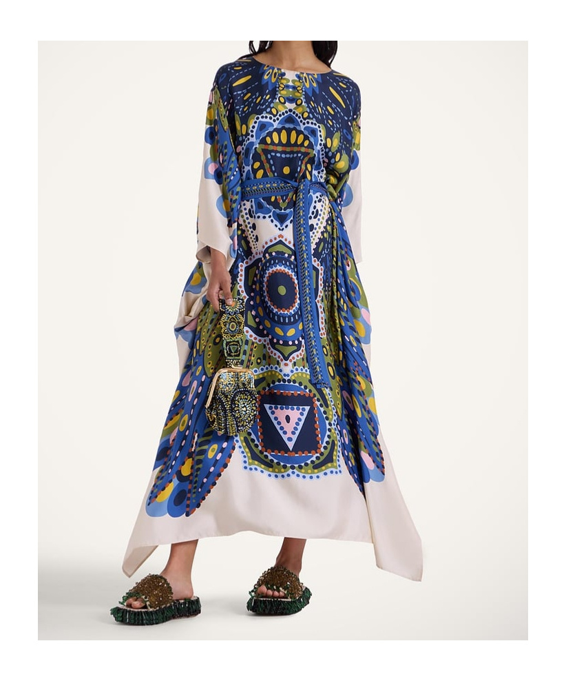 La Doublej Multicolor Kaftan With Belted Waist And All-over Graphic Print In Blue
