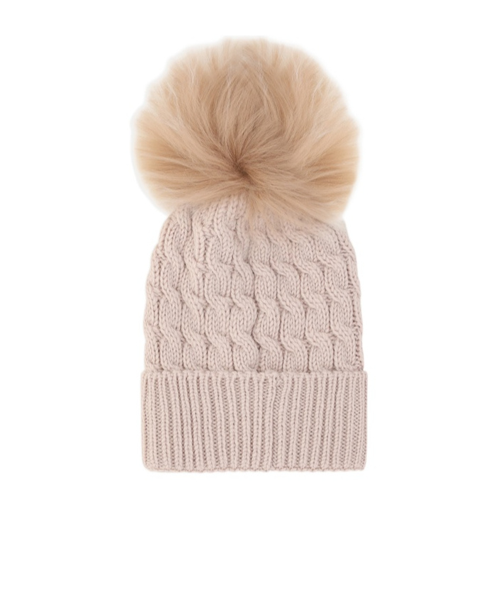 Moncler Wool Cashmere Beanie With A Shearling Pom In Nude