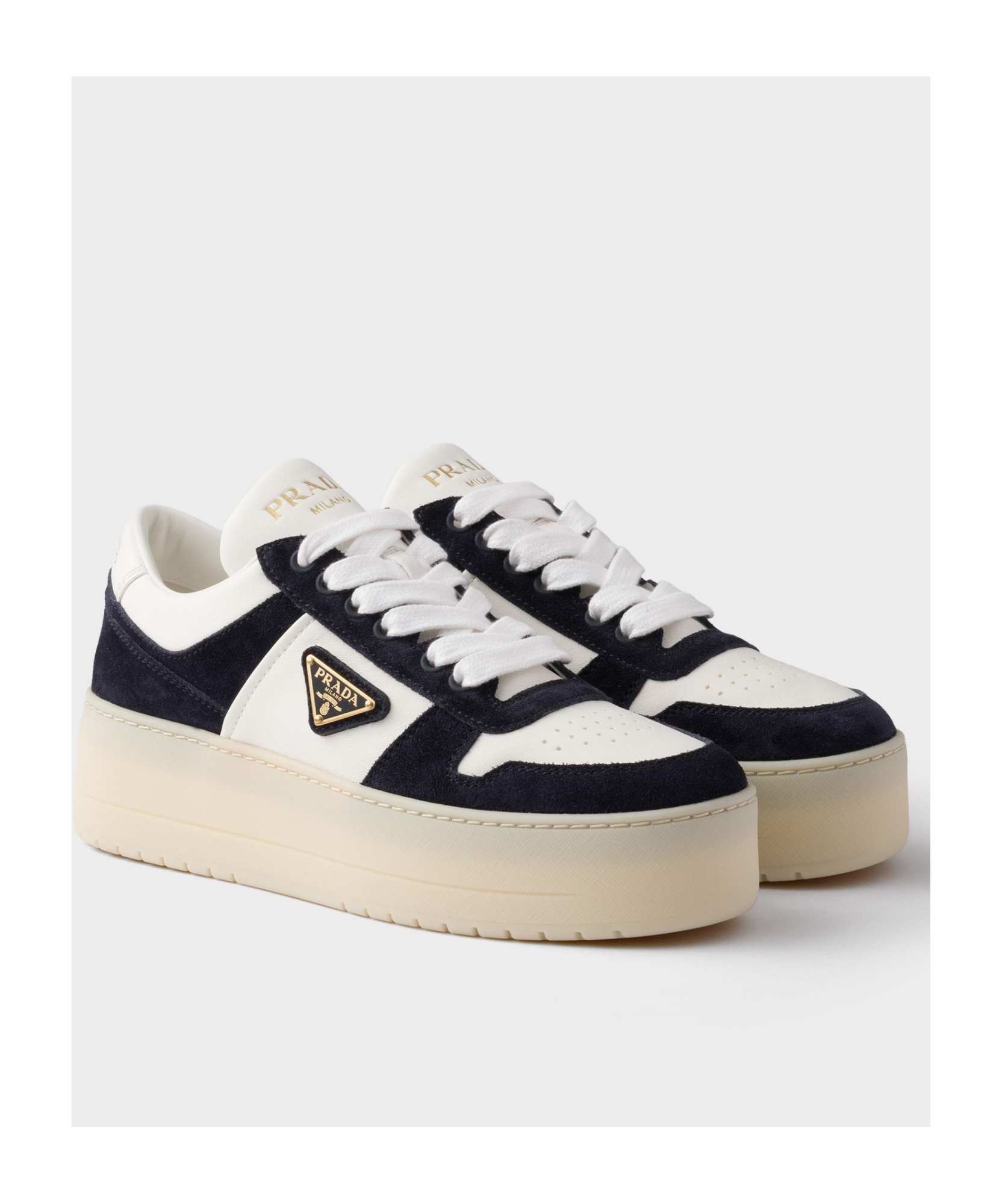 Shop Prada Downtown Bold Nappa Leather And Suede Sneakers In White/blue
