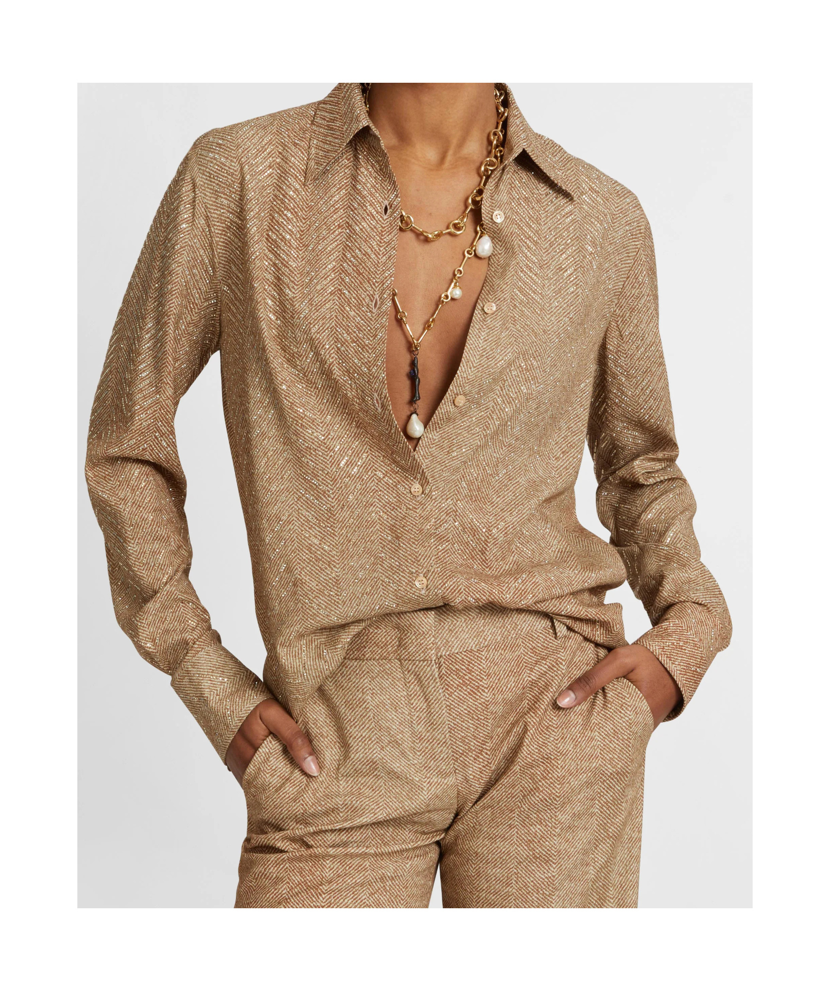 Ermanno Scervino Herringbone-pattern Long-sleeve Shirt In Brown