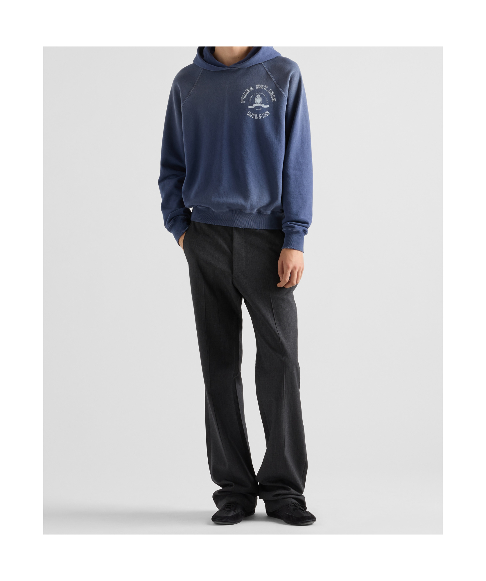 Prada Printed Cotton Fleece Hoodie In Navy Blue