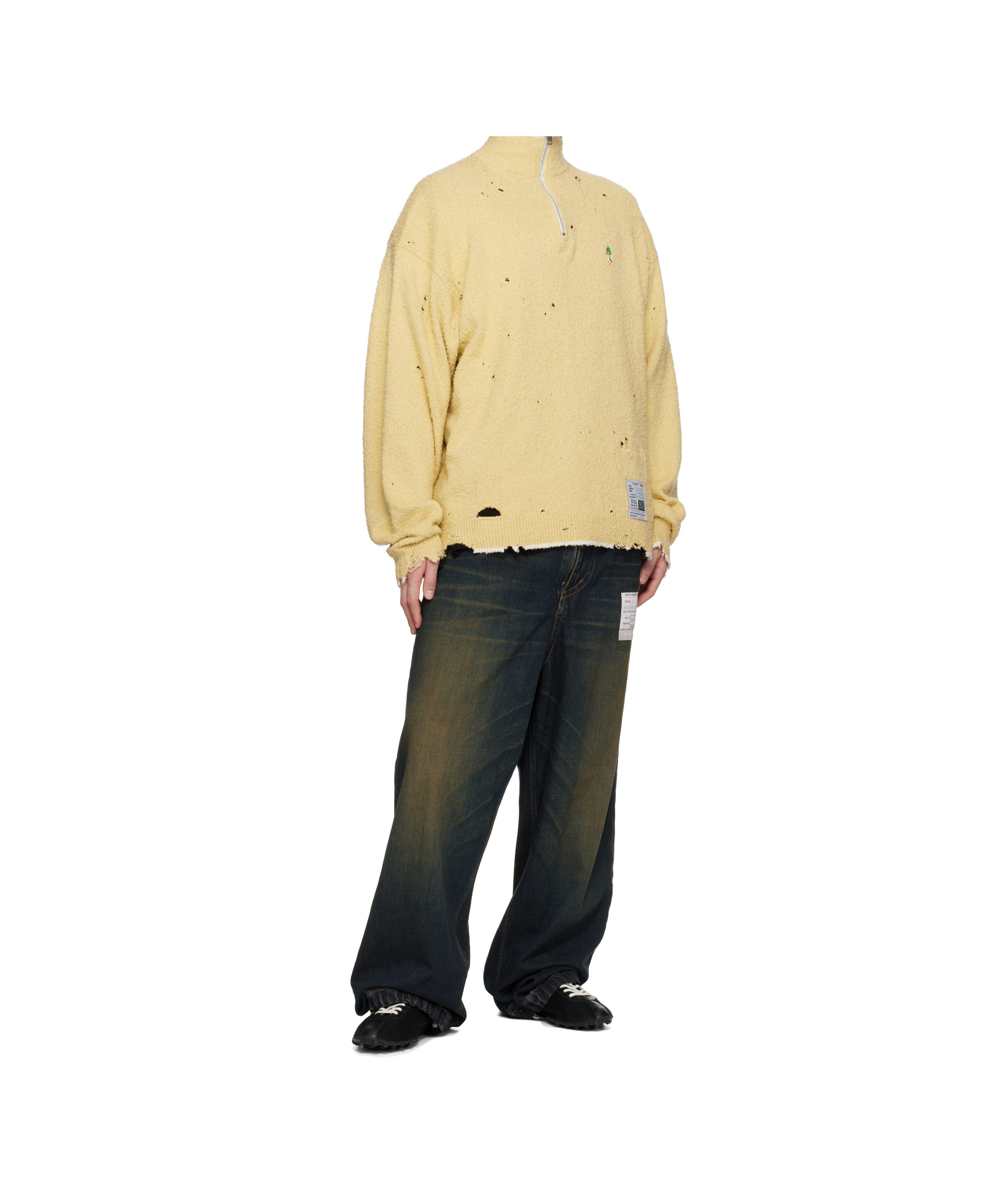 Miharayasuhiro Yellow Distressed Knit Half Zip Sweater In Multi