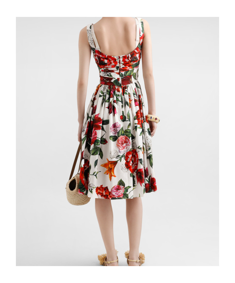Dolce & Gabbana Multicolor Midi Dress With Wide Neckline And All-over Floral Print In Multi