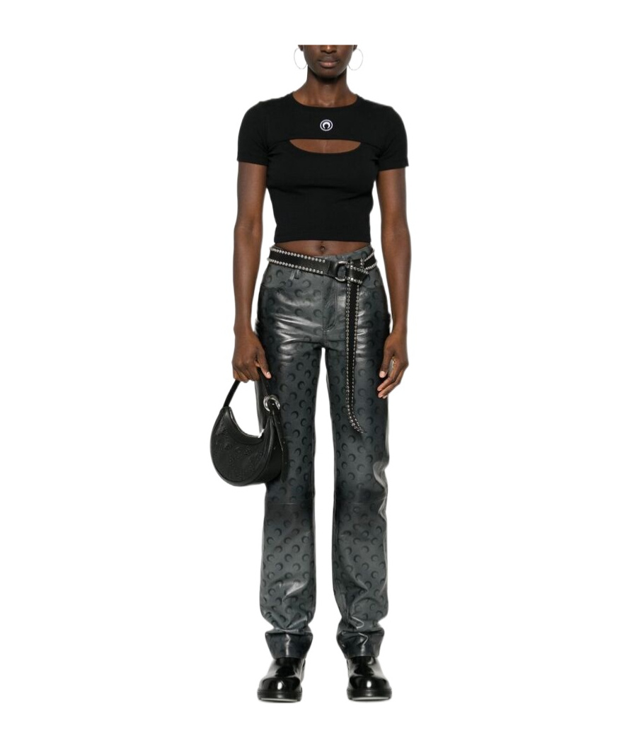Marine Serre Black Moon Logo Ribbed Jersey Cut-out T-shirt In Black