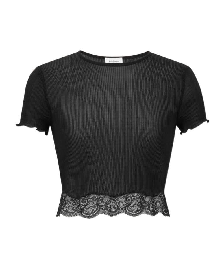 Saint Laurent Laced T-shirt In Ribbed Silk In Black