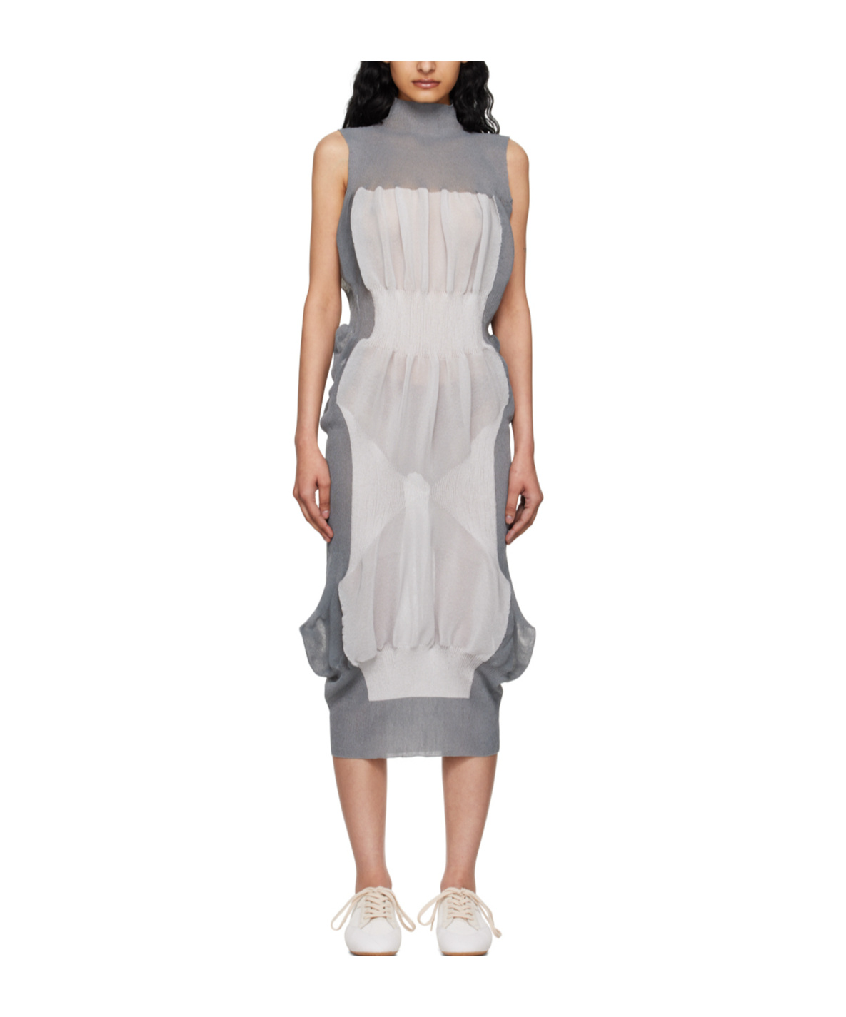 Issey Miyake Pleated Knitted Dress In Gray
