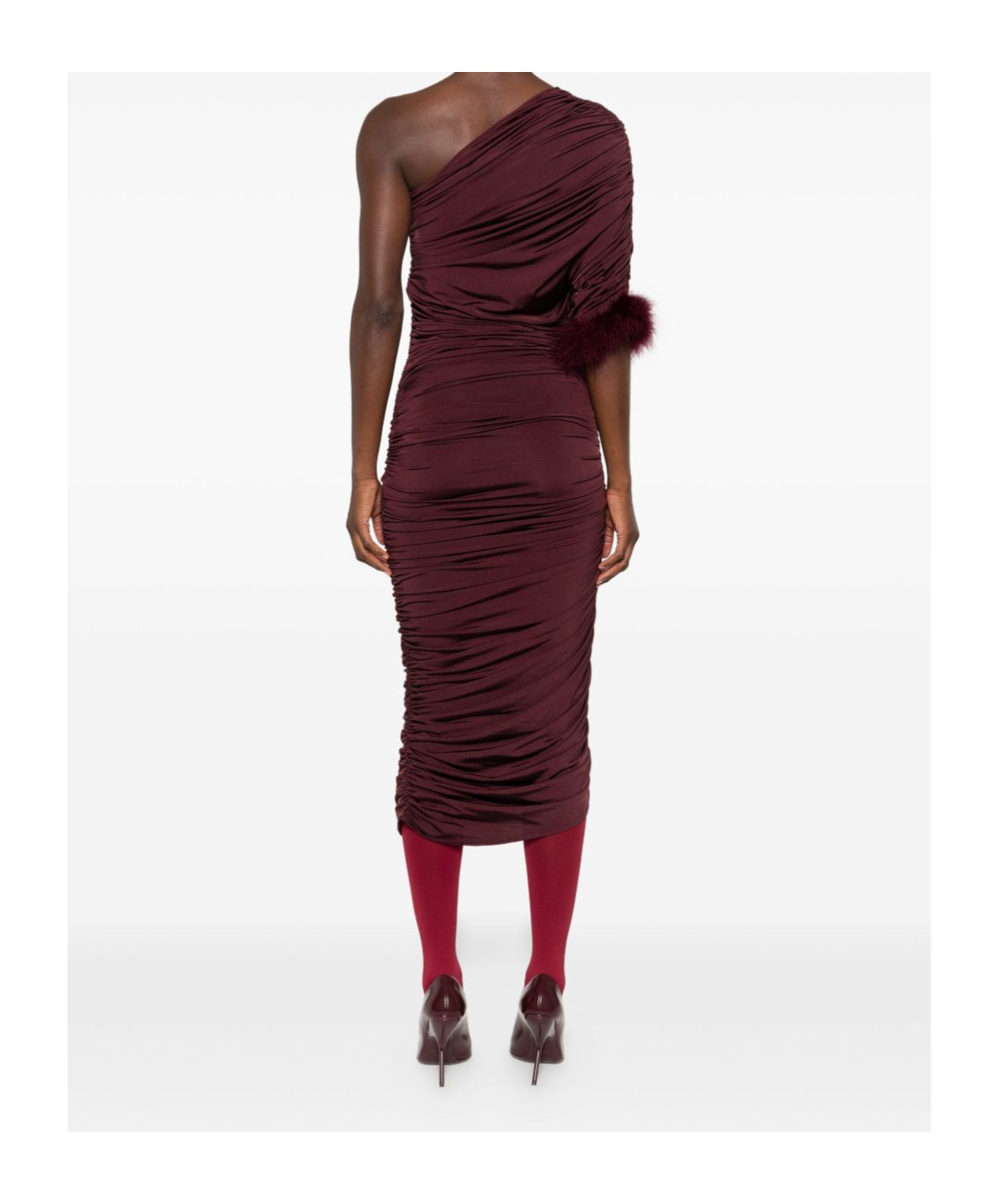 Mugler One Shoulder Feather Trim Ruched Midi Dress In Brown