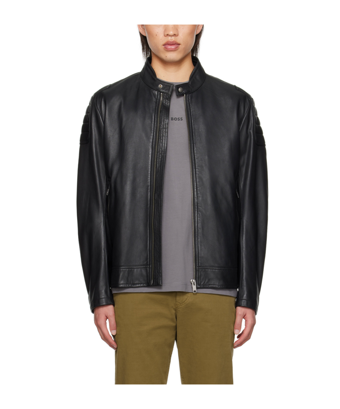 Hugo Boss Leather Jacket With Zipper Front In Black