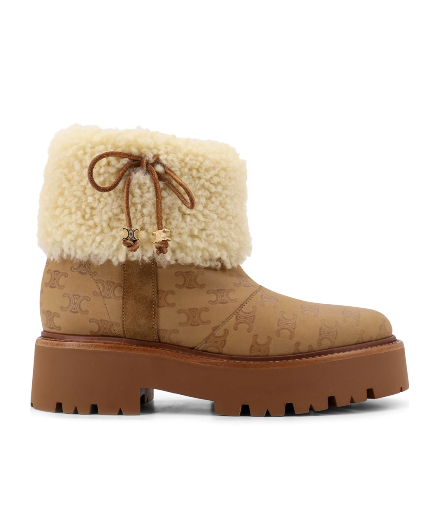 Celine Bulky Leather Boots With Triomphe All-over Motif In Nude