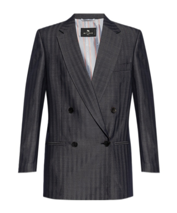 Etro Grey Oversized Double-breasted Jacket With Wide Revers In Wool Blend Woman In Black
