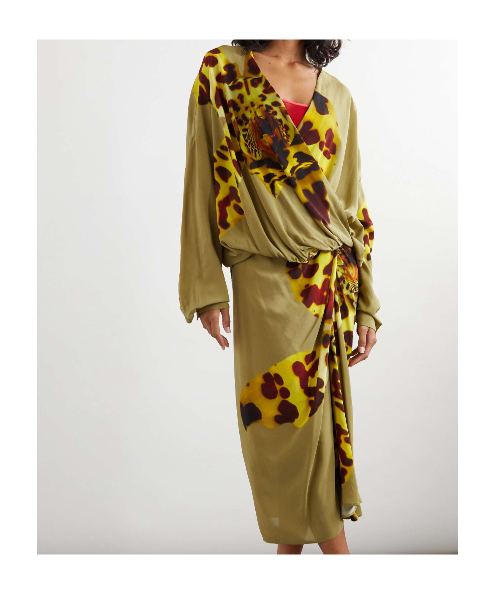 Dries Van Noten Camiel Leopard Orchid Print Faux Wrap Top In Green