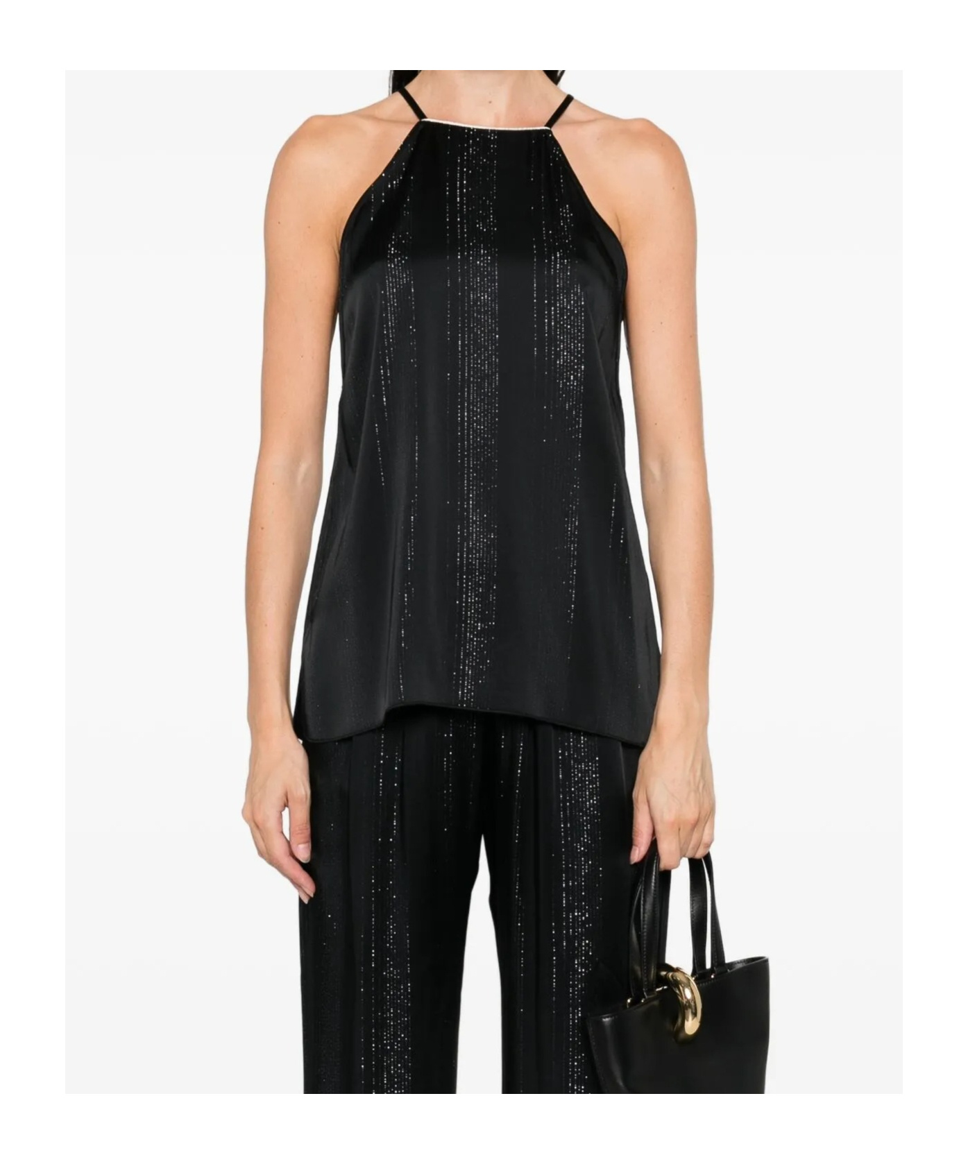 Forte Forte Silver Pinstripe Satin Strap Top In Black