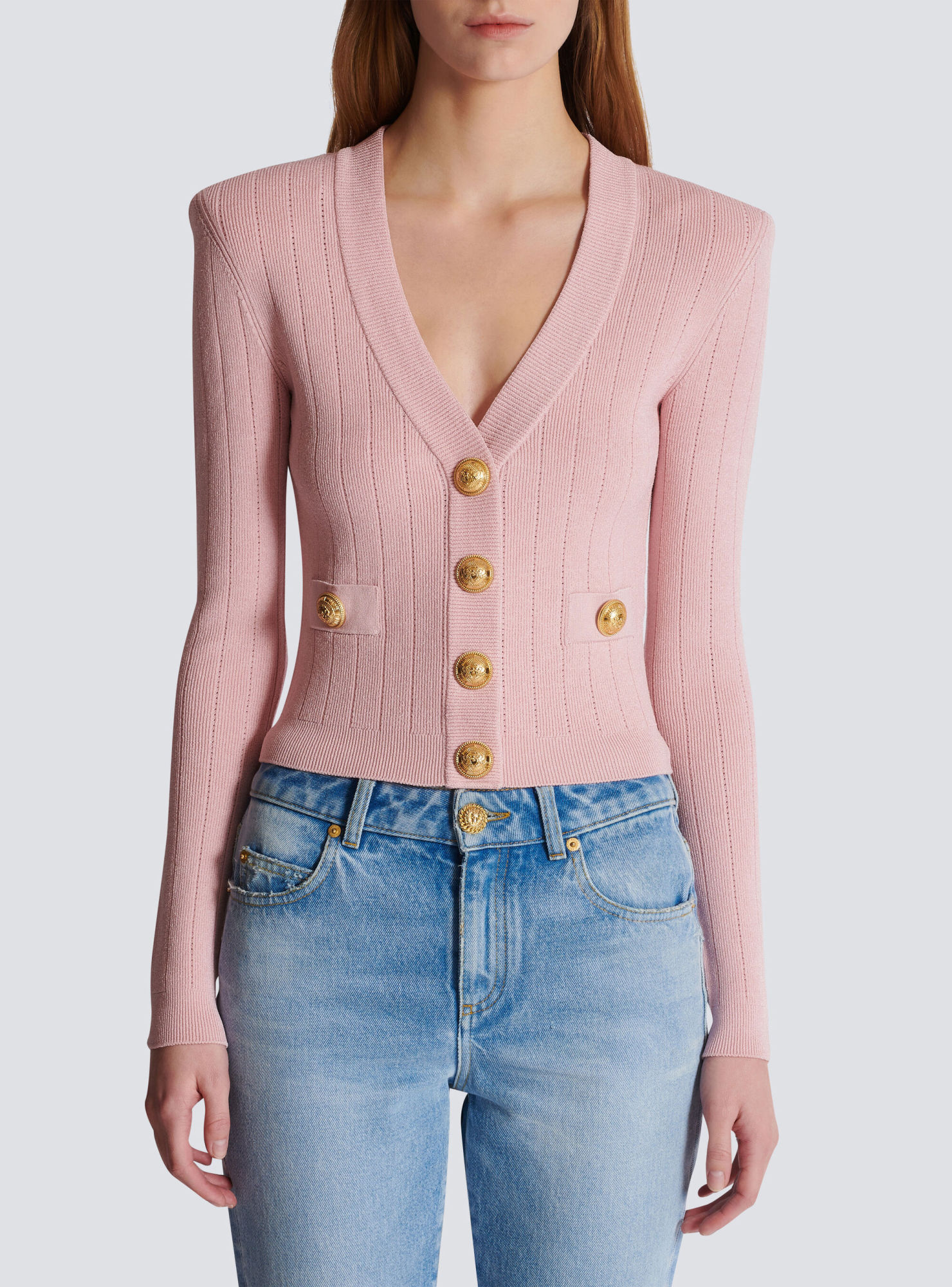 Balmain Button-detail V-neck Cardigan In Pink