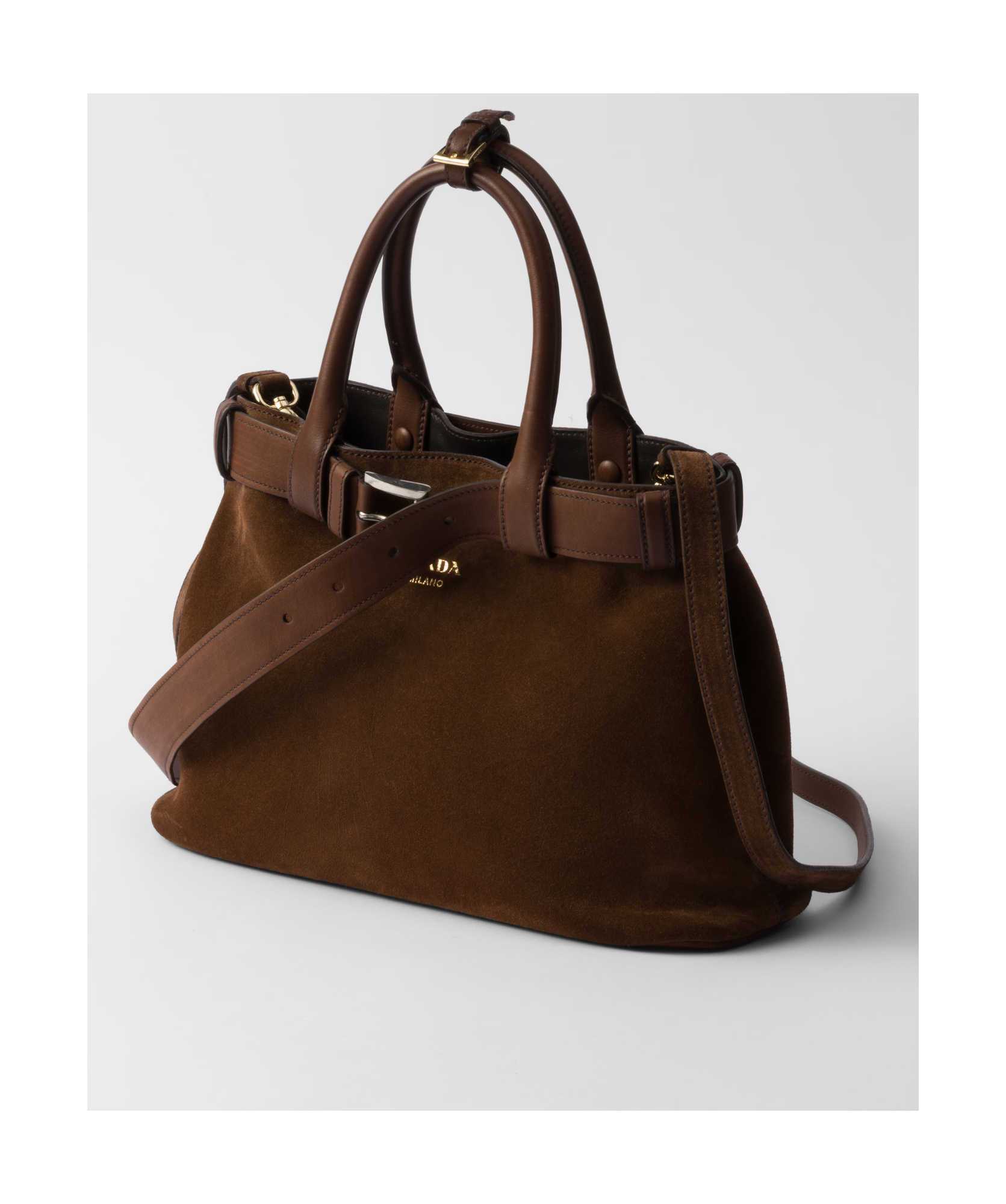 Prada Medium Buckle Belt-detail Suede Bag In Cocoa Brown