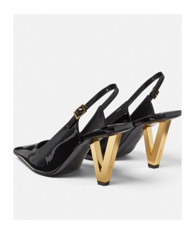 Versace Black V2025 Patent Slingback 85 Mm Heels In Black
