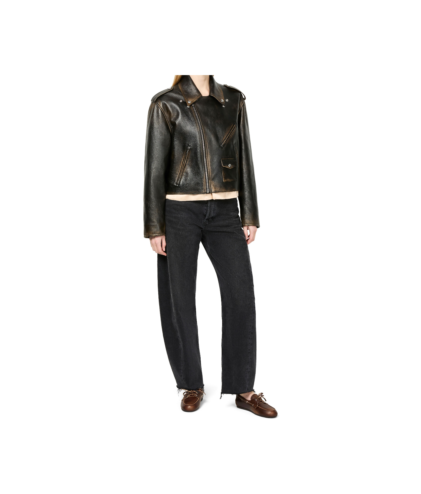 Miu Miu Long-sleeved Leather Jacket In Black