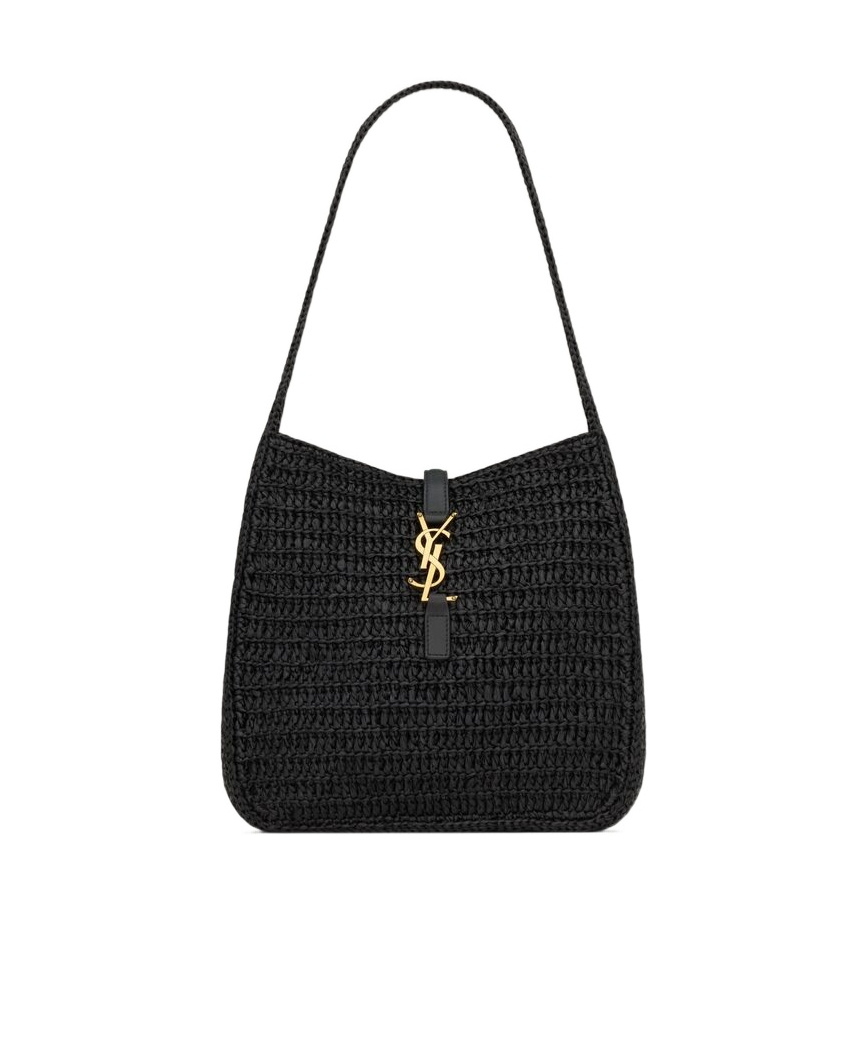 Saint Laurent Le 5 À 7 Small Souple En Raphia Et Cuir In Black
