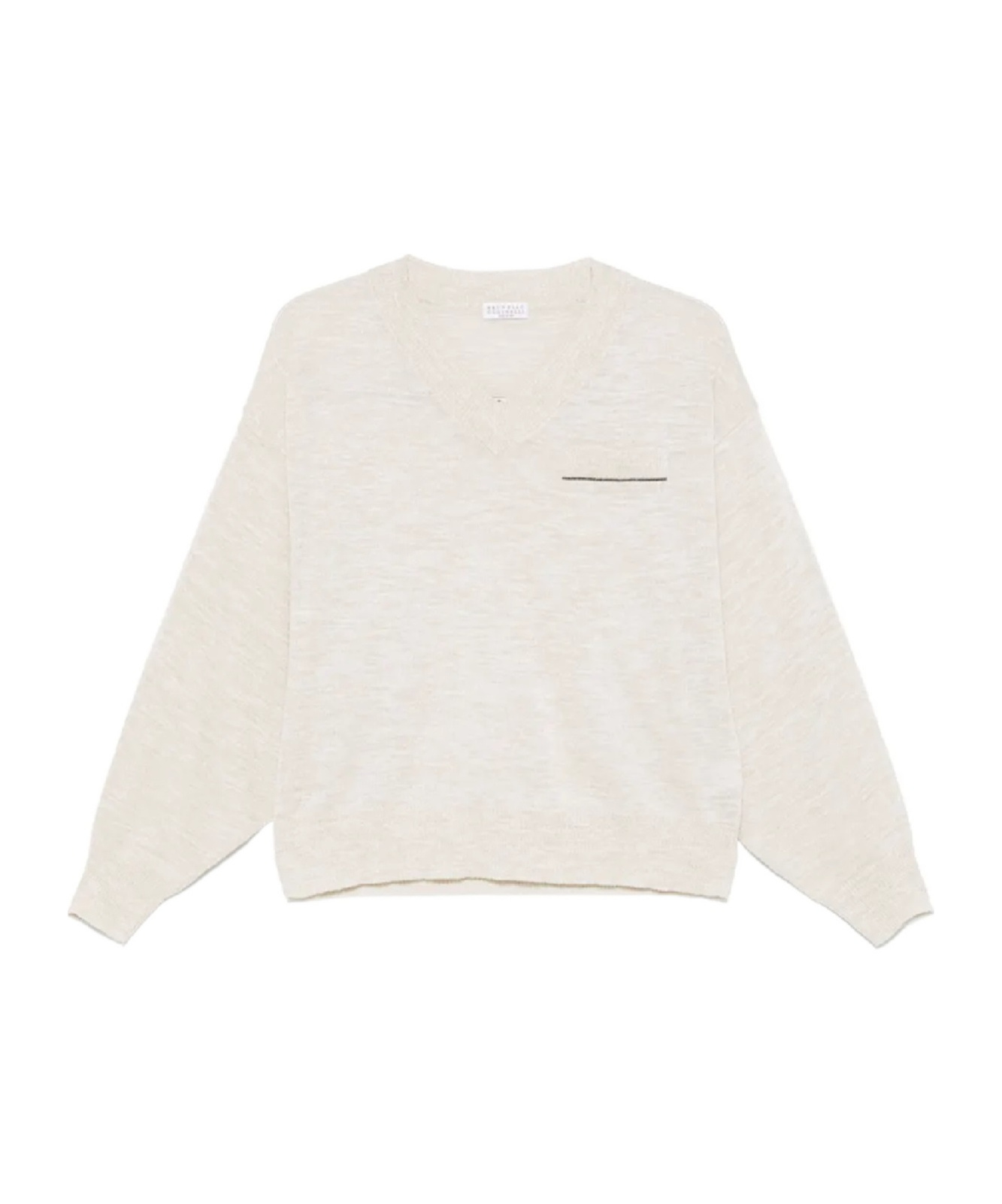 Brunello Cucinelli Soft Heathered V-neck Sweater With Subtle Pocket Detail In White