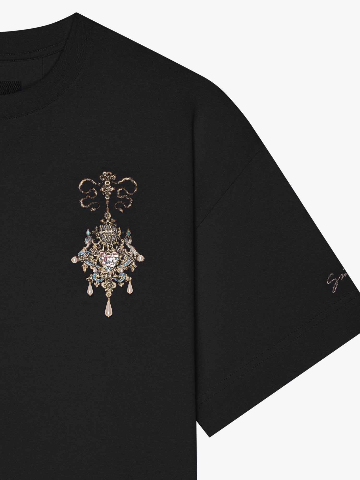 Givenchy T-shirt In Cotton With Embroidered Chandelier And Pearls In Black