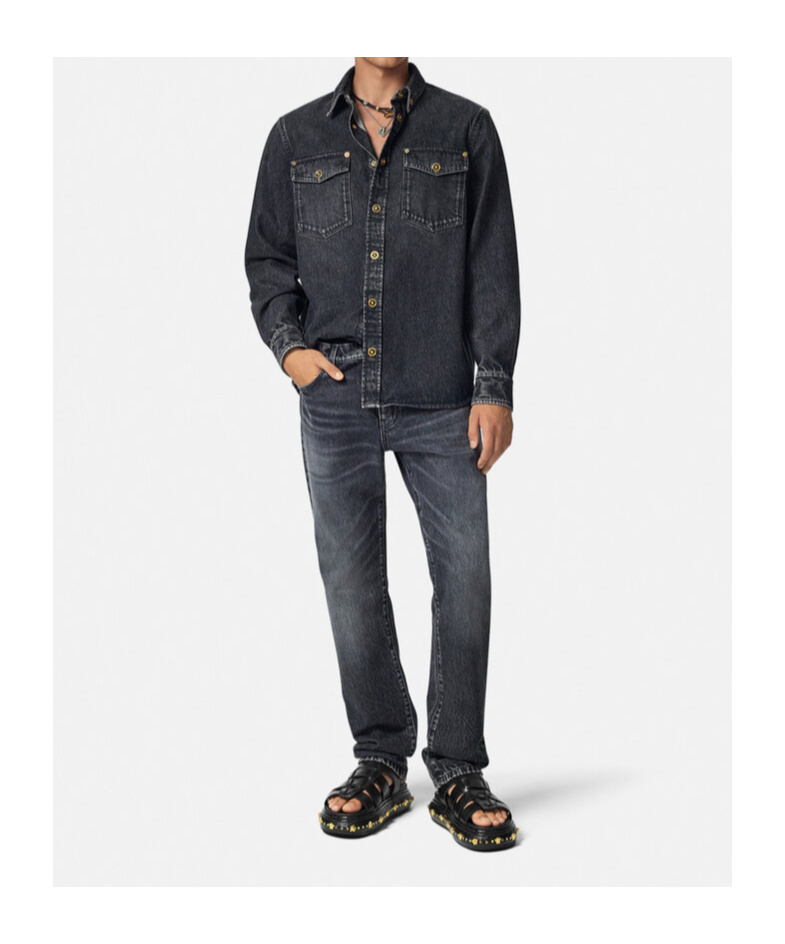 Versace Button-up Denim Jacket In Black