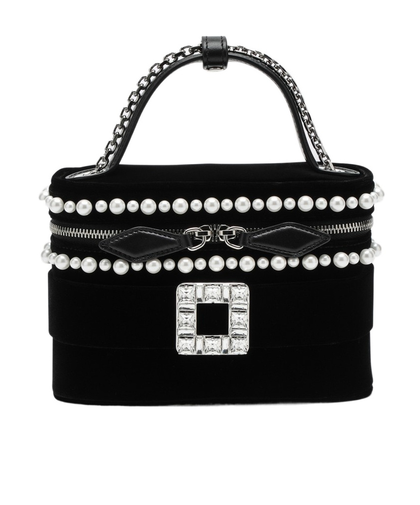 Roger Vivier Mini Velvet Vanity Handbag With Beads And Rhinestone Buckle In Black