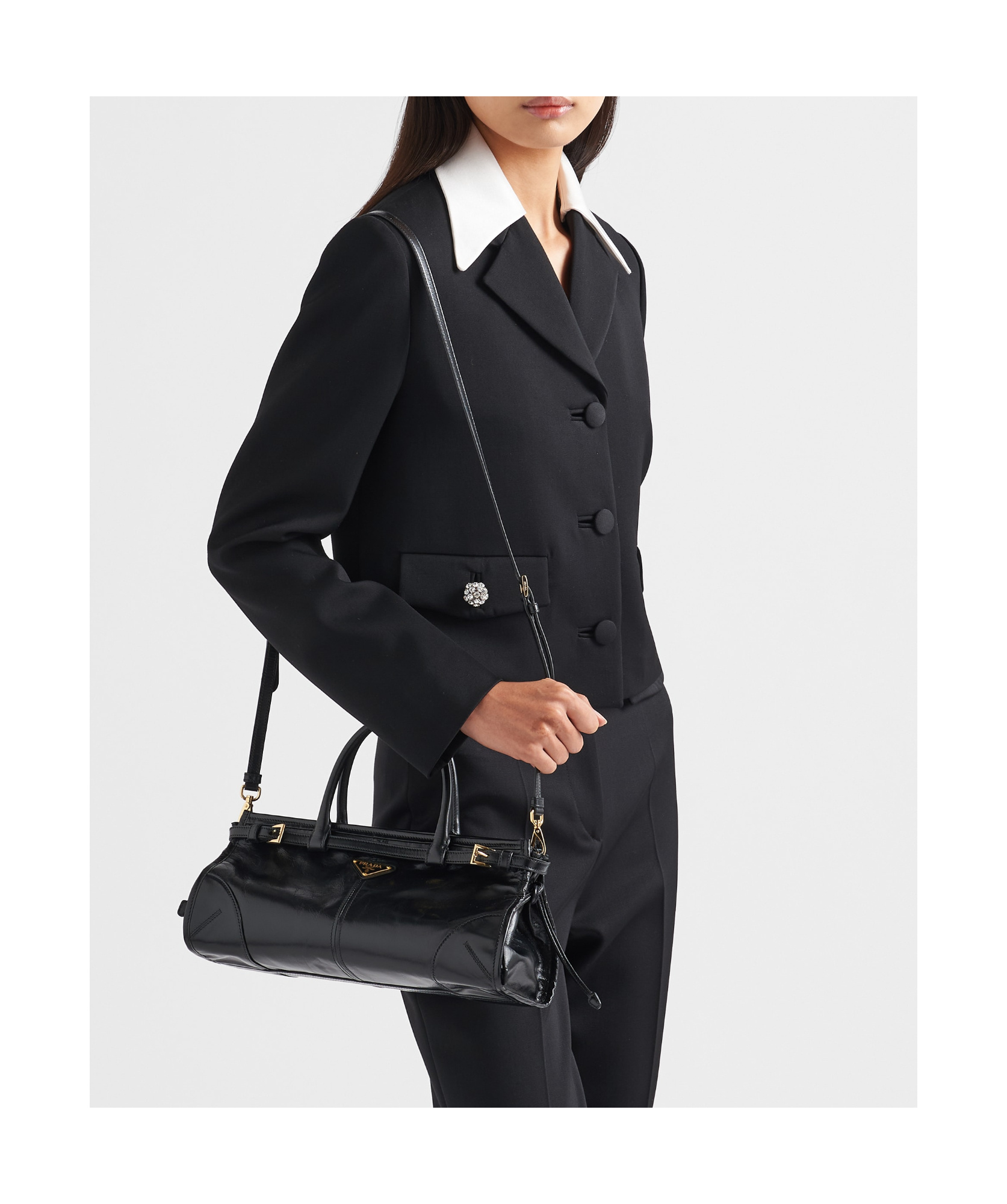 Prada Bonnie Medium Naplak Patent Leather Handbag In Black
