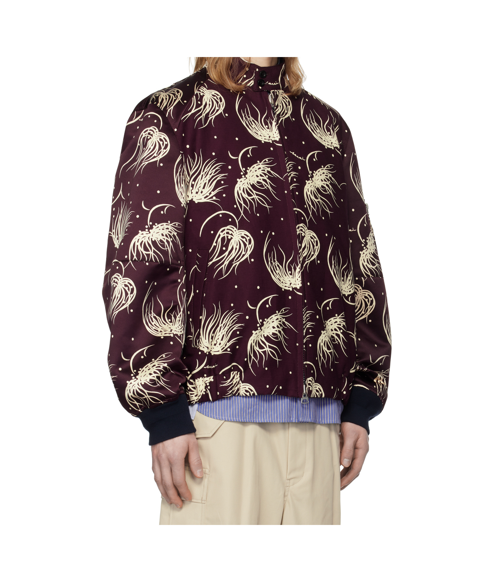 Sacai Burgundy Dot Flower Print Bomber Jacket In Black