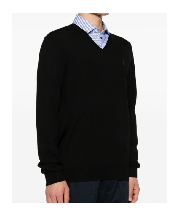 Polo Ralph Lauren Slim Fit Washable Wool V-neck Sweater Man Sweater Black Size L Merino Wool In Black