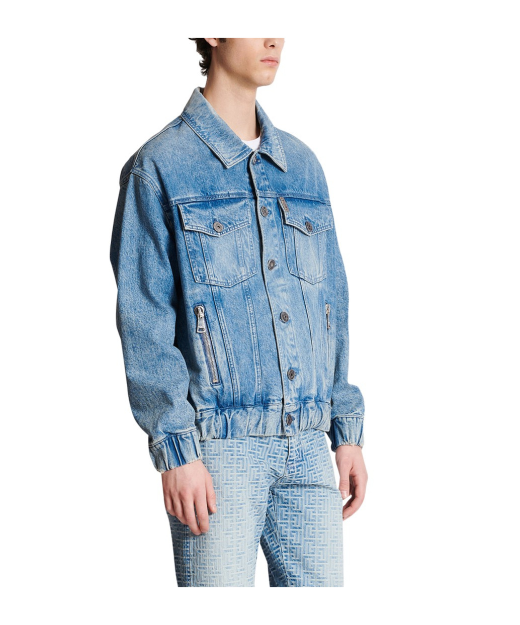 Shop Balmain Long Sleeved Denim Jacket In Blue