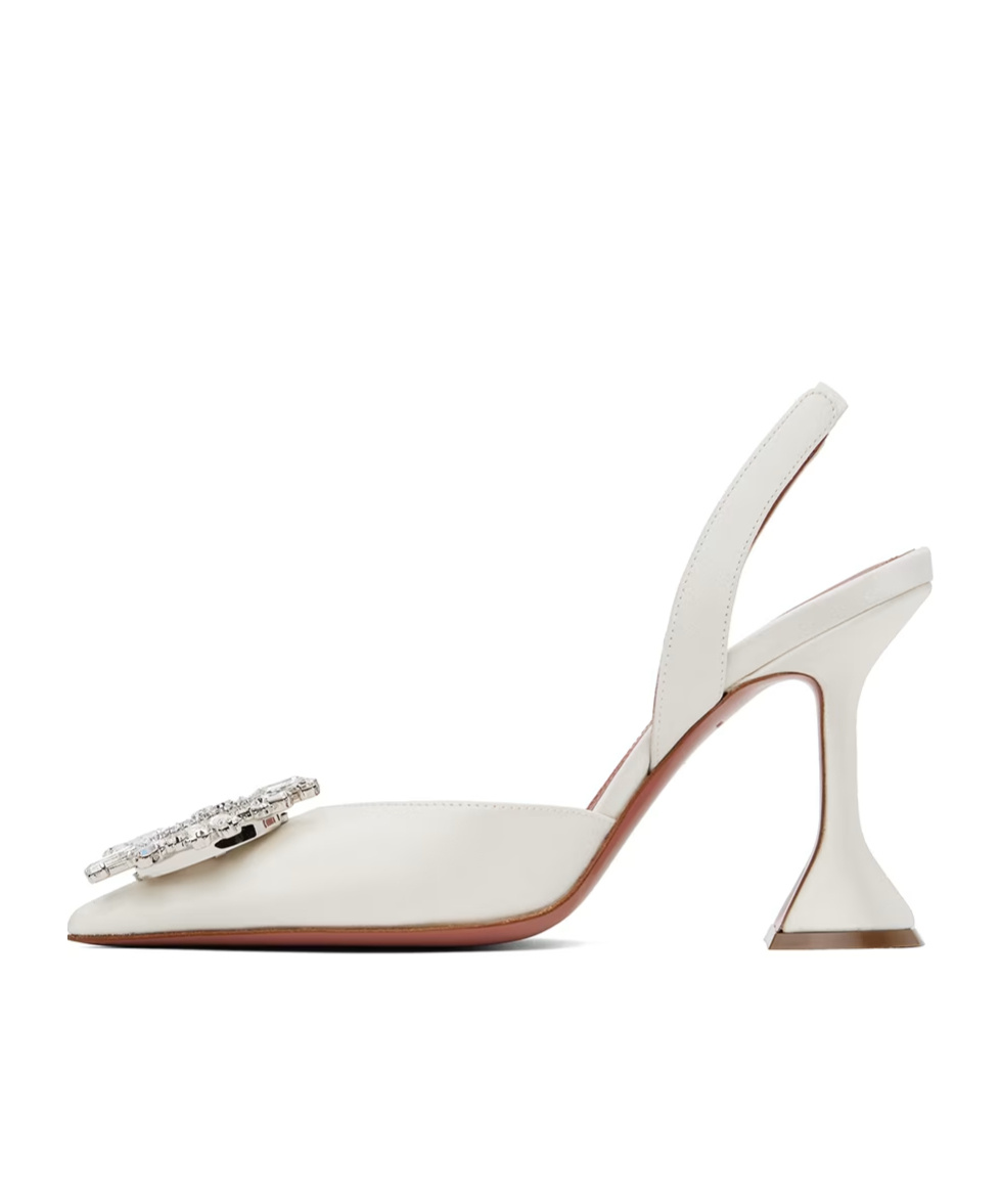 Amina Muaddi White Silk Satin Slingback Pumps In White