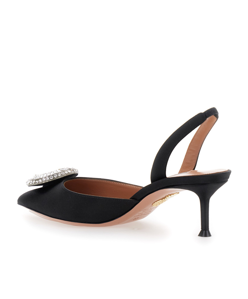 Aquazzura Crystal Hoop Black Slingback Pumps With Rhinestoned Embellishment And Kitten Heel In Tech Fabric Wom In Multi
