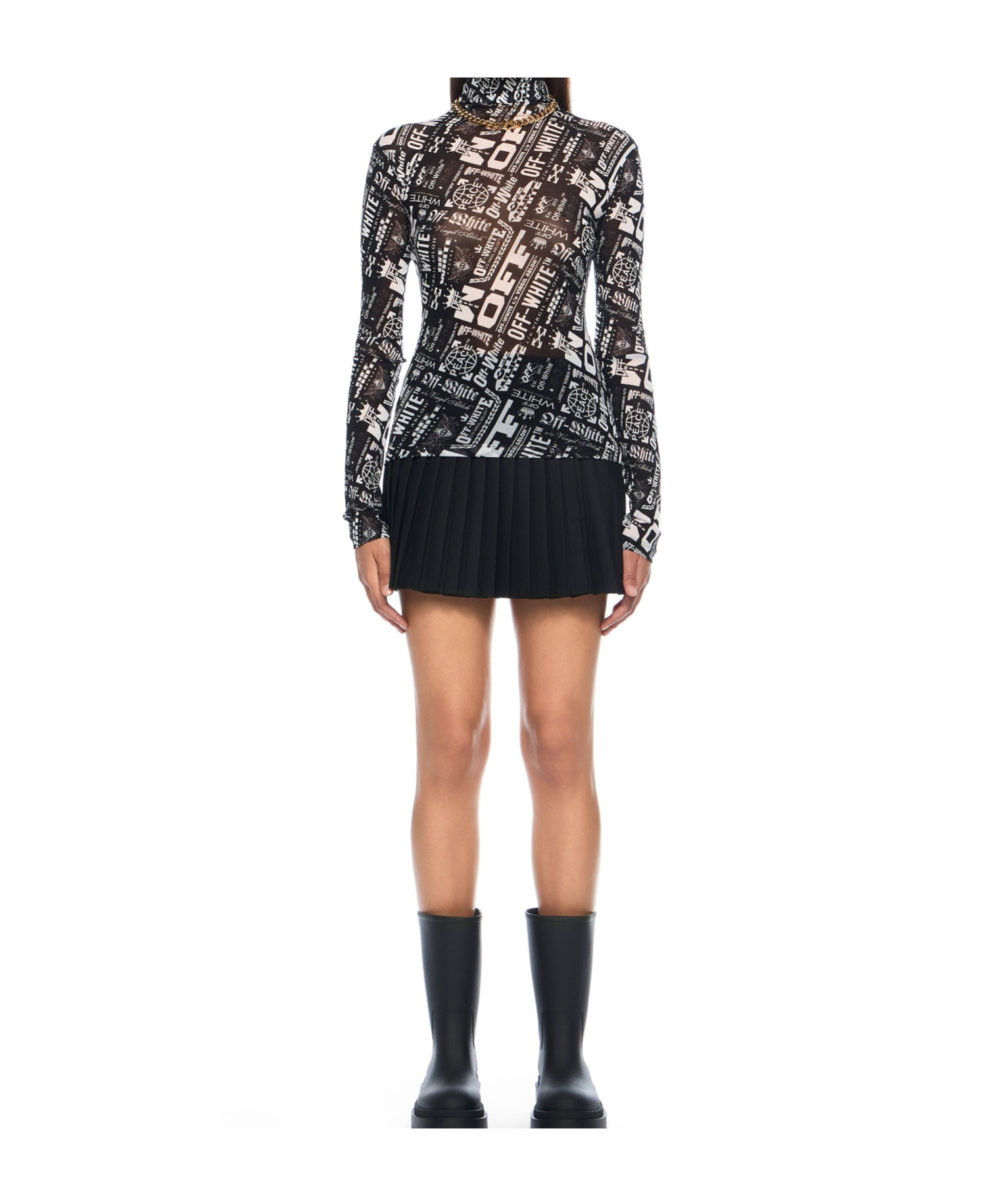 Off-white Multilogo Mesh Long Sleeve Turtle Neck Top In Black