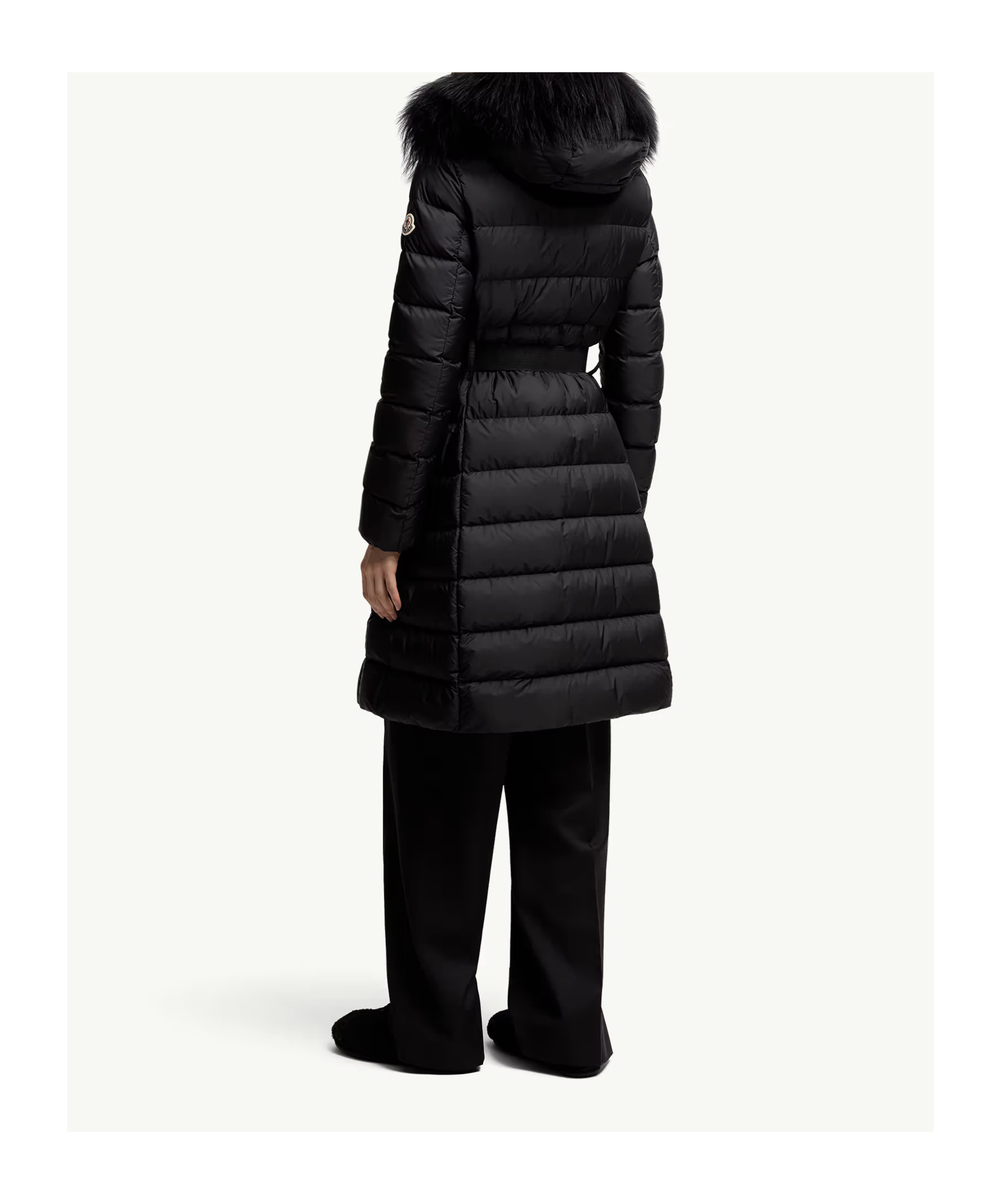 Moncler Khloesse Hooded Shearling-trimmed Long Down Jacket In Blue