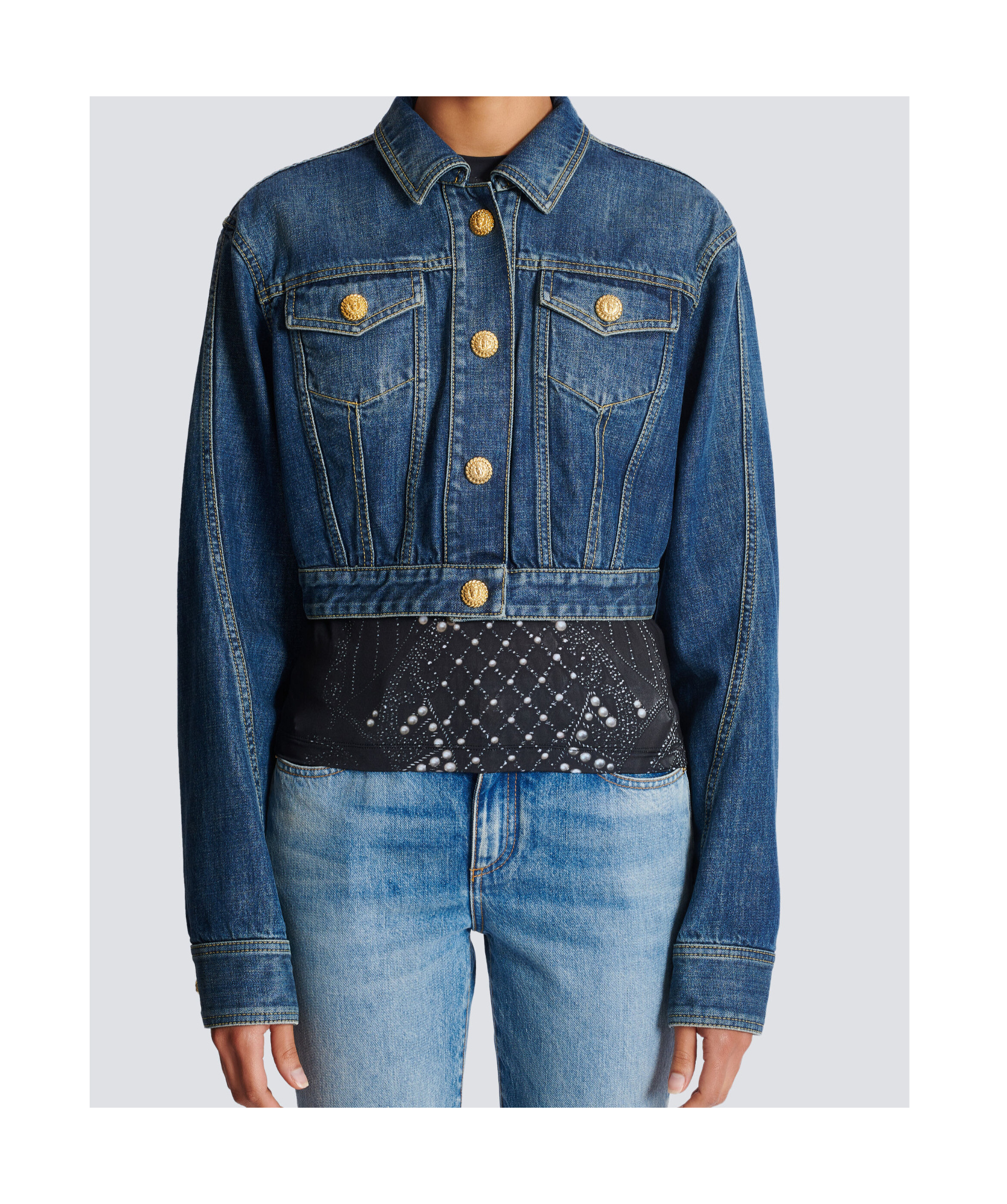 Shop Balmain Cropped Faded Denim Jacket In Blue