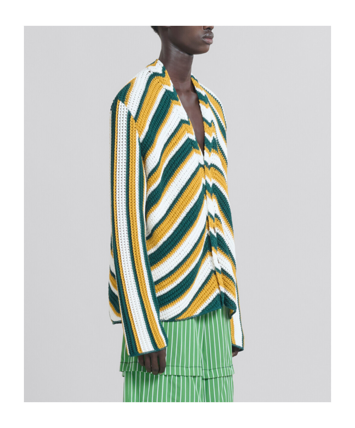 Shop Marni Teal And Yellow Crochet Cardigan With Chevron Pattern In Green