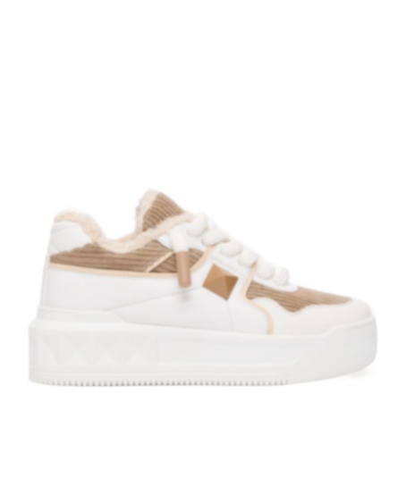 Valentino One Stud Xl Leather And Corduroy Sneakers In White