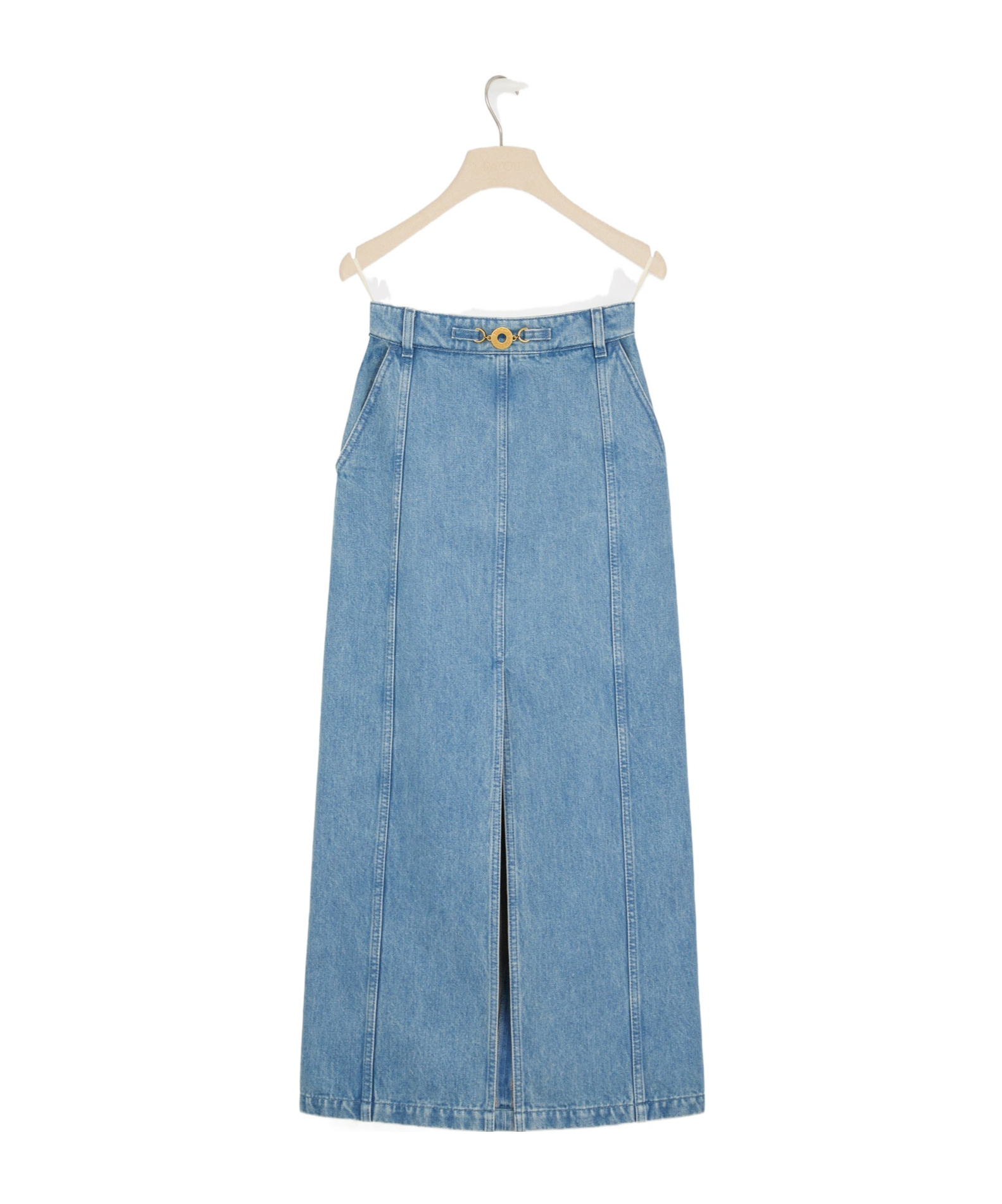 Patou Front-slit High-waist Denim Midi Skirt In Blue
