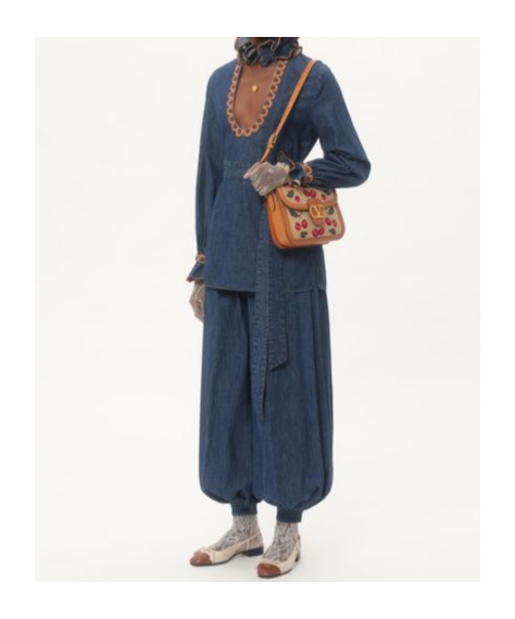Valentino Tasseled Embroidered Chambray Tapered Pants In Blue