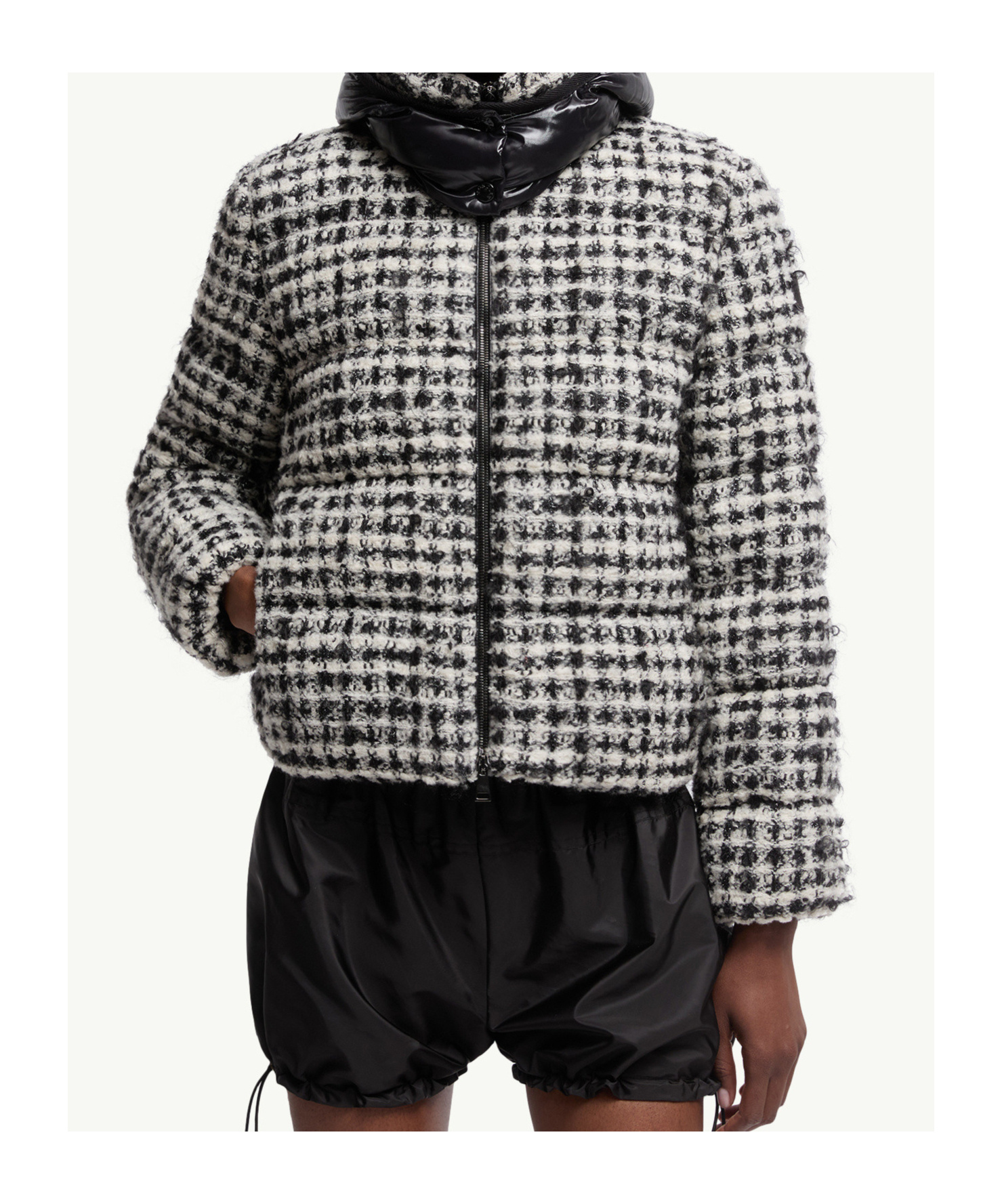Moncler Andronne Tweed Hooded Short Down Jacket In Brown