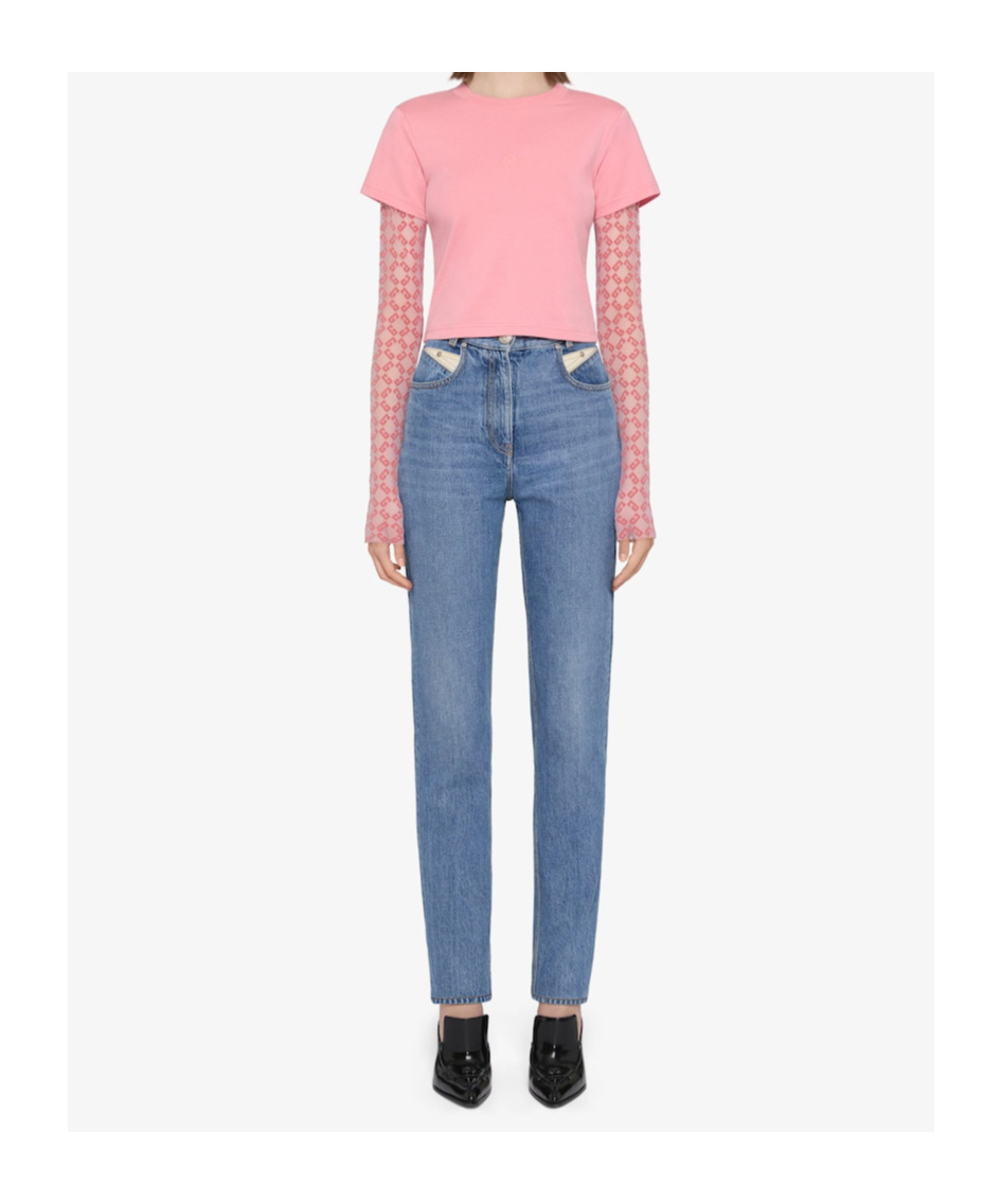 Givenchy Short Sleeve Layered Crew Neck Crop Top In Tender Rose