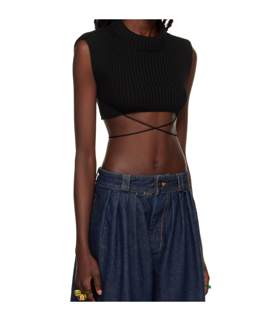 Jean Paul Gaultier Black Tied Crop Tank Top In Black