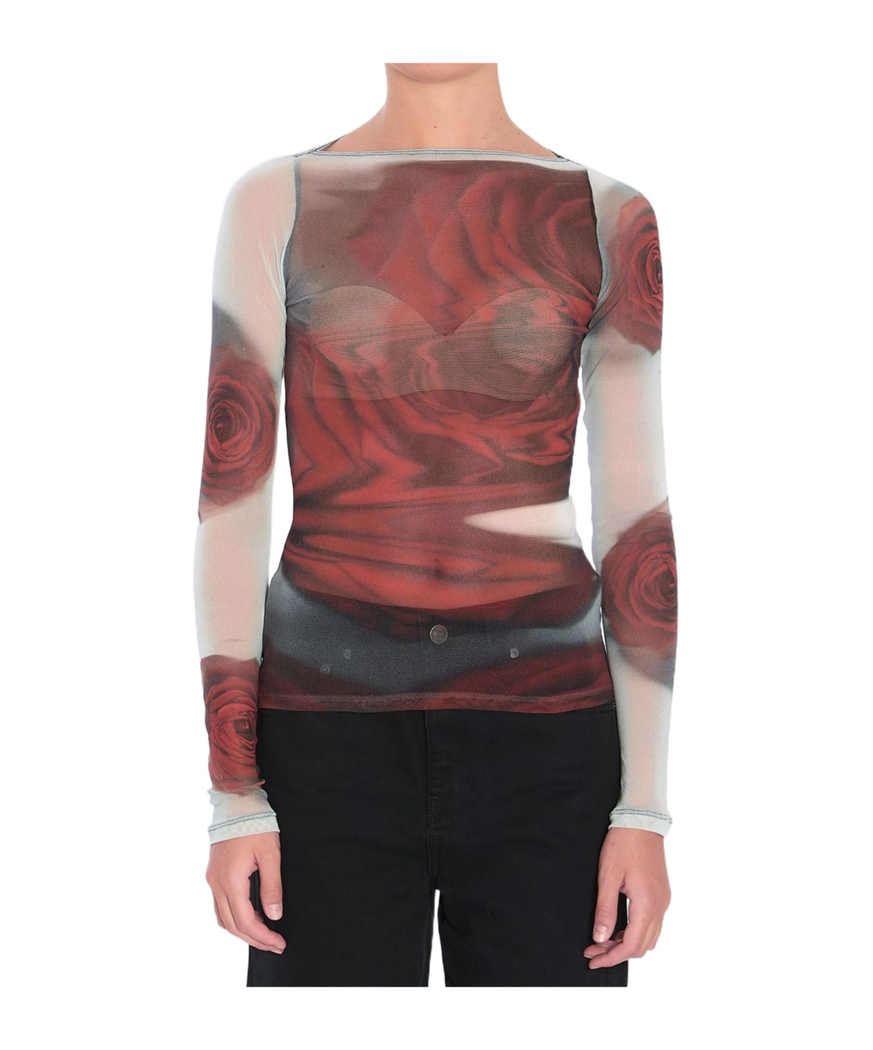 Jean Paul Gaultier Women Blurry Roses Medaillon Print Mesh Boat Neck Top In Brown